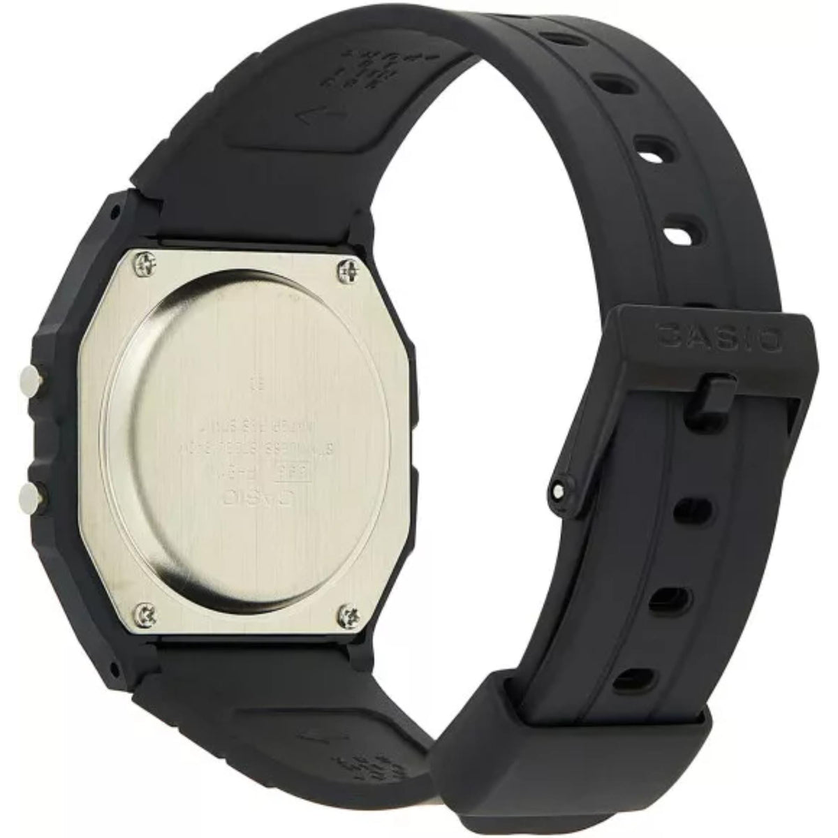 Black resin watch strap with stainless back case, circular markings