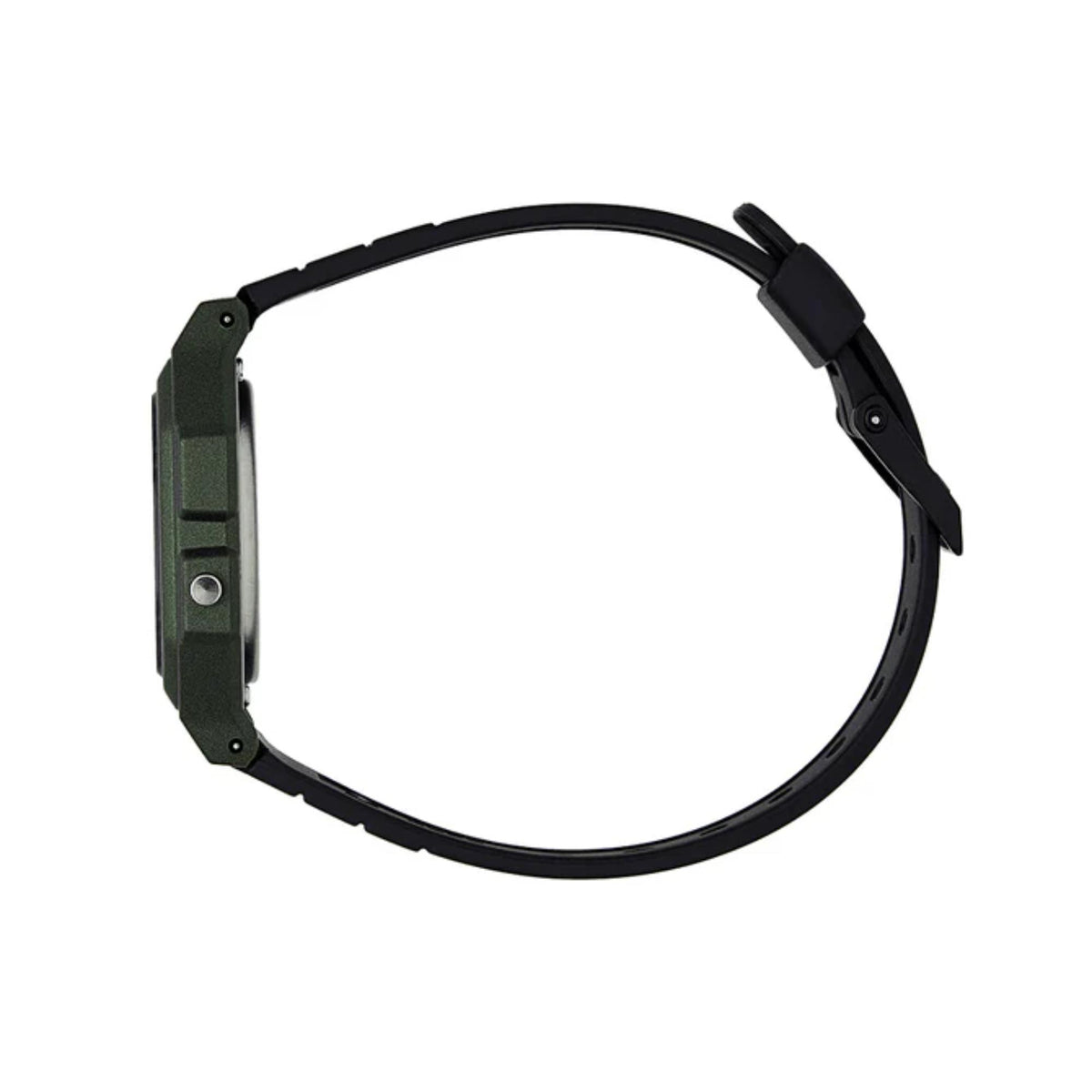 Casio F-91W watch with black resin strap and green-toned case, side profile view