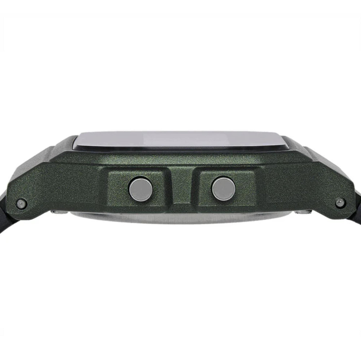 Casio F-91W watch top view with green-toned case, two buttons and dark resin strap