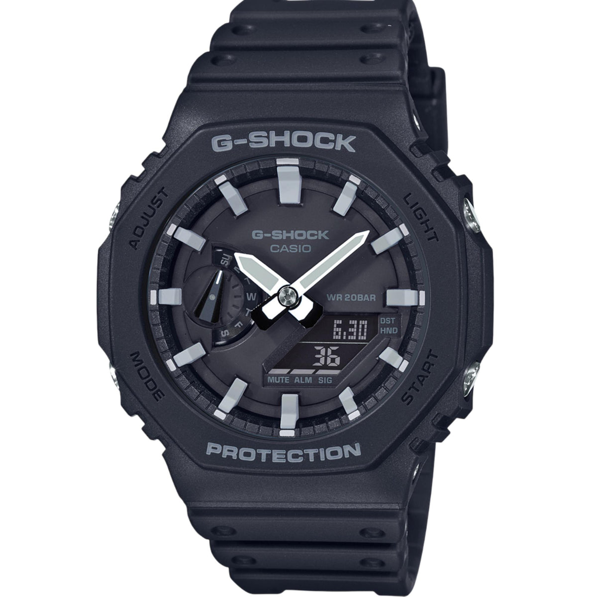 Casio G-Shock 2100 Series GA-2100-1AER mens quartz watch featuring an octagonal black resin bezel, white hour markers, and an analogue-digital screen layout