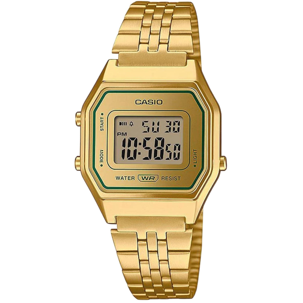 Casio Vintage LA680WEGV-9AEF front view detailing the gold-toned square case, green border accents, and digital time display