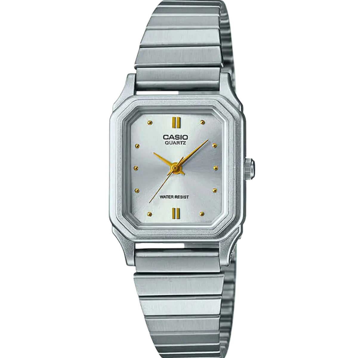 Women's stainless steel quartz watch, gold dial, rectangular case, silver link bracelet