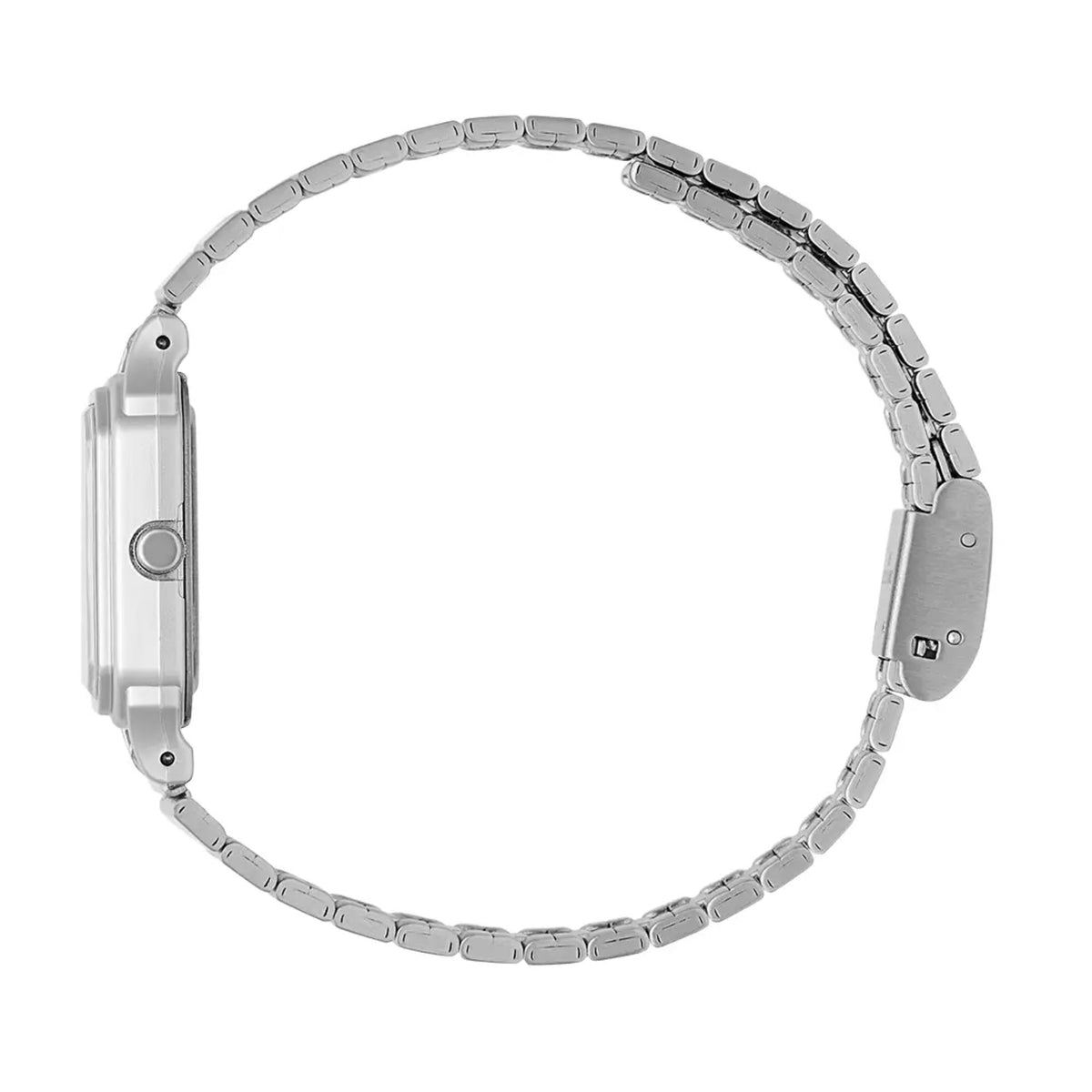 Stainless steel watch bracelet with link links and clasp hardware, silver finish