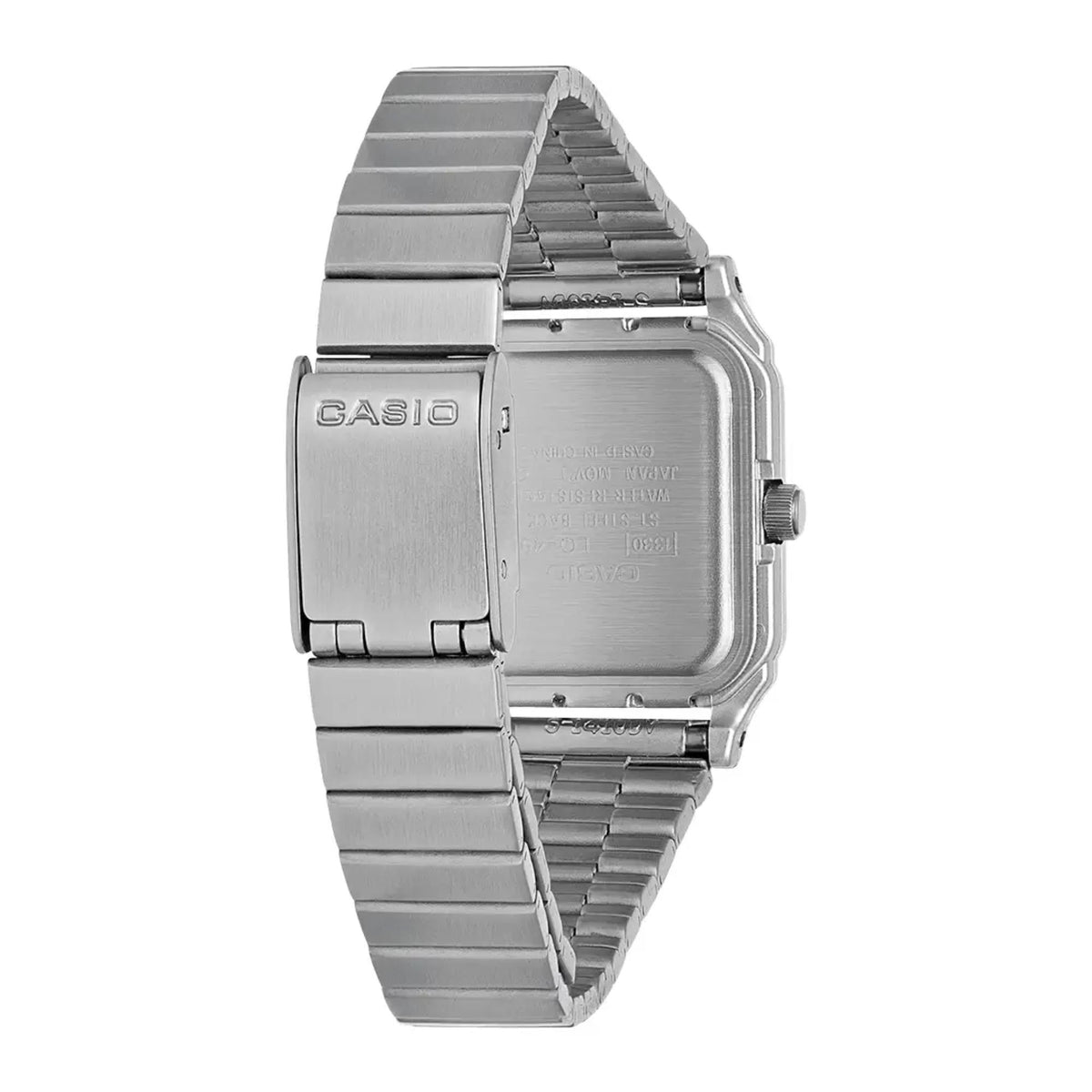 Stainless steel watch back case with ridged bracelet and crown on right side