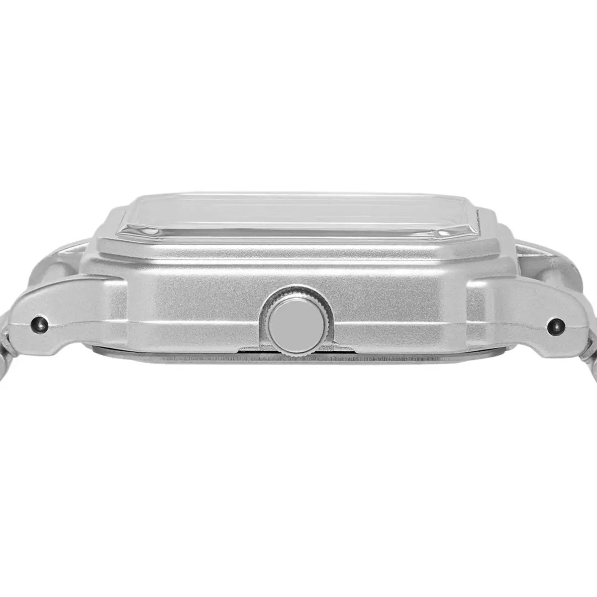 Stainless steel watch case side view with crown and smooth brushed bezel