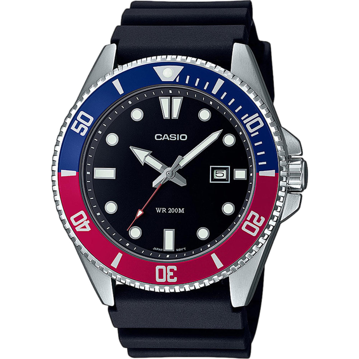 Front view of the Casio Marlin MDV-107-1A3VEF quartz mens watch featuring a black dial, blue and red bezel, and black resin strap