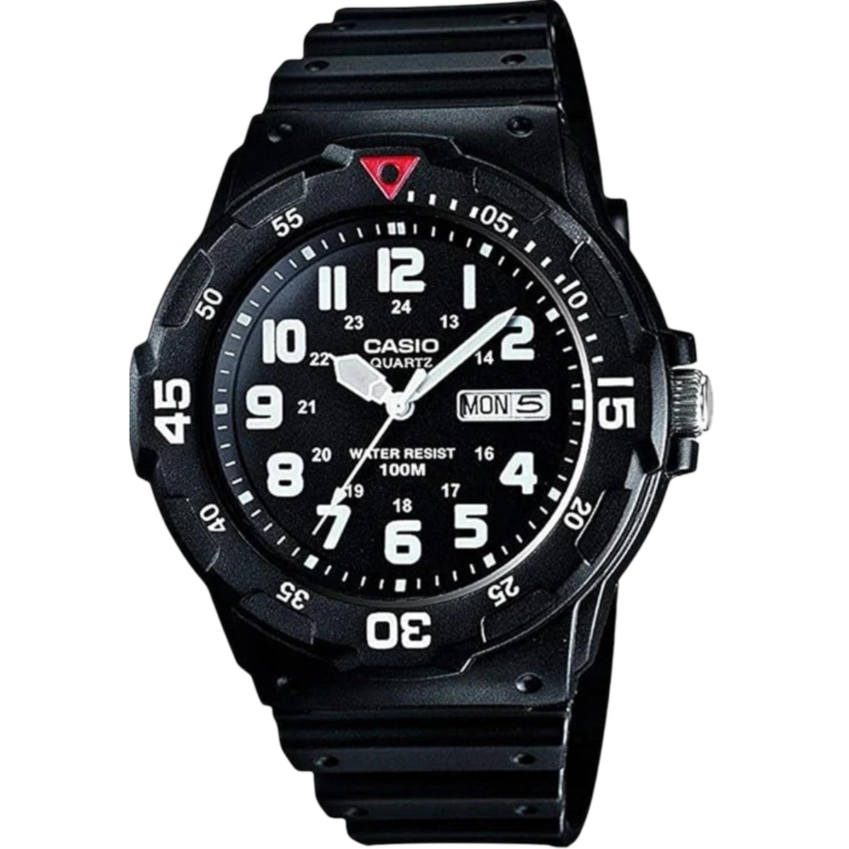 Men's sports watch with black dial, resin strap, and round bezel with 100M marking