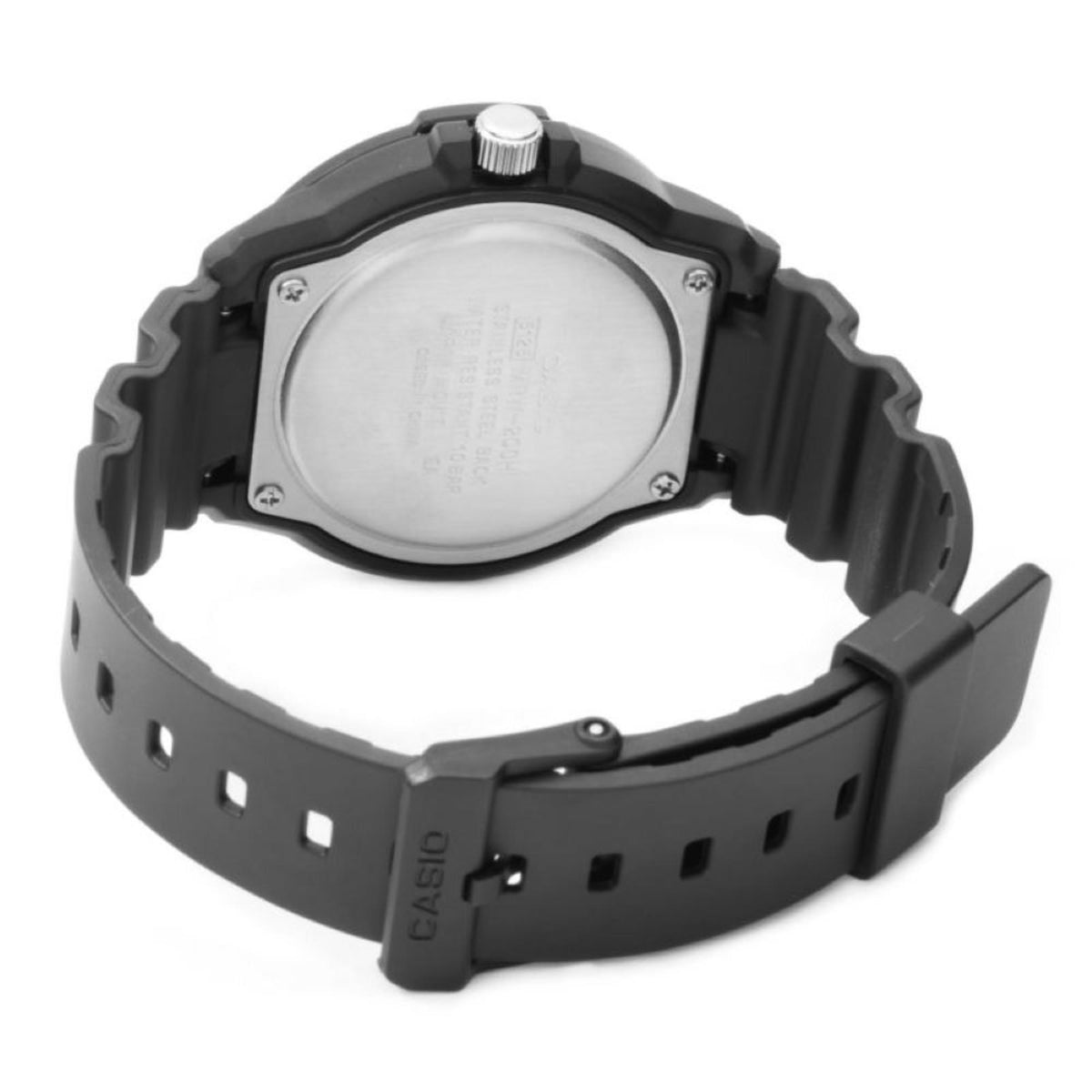 Men's Casio sports watch case back with black resin strap and silver-tone crown