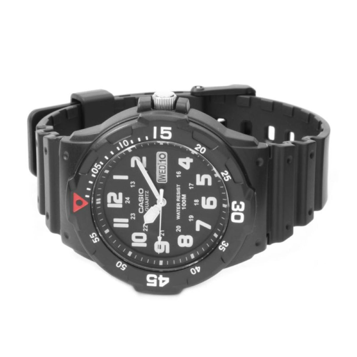 Men's sports watch with black dial, black resin band, and ridged bezel with crown