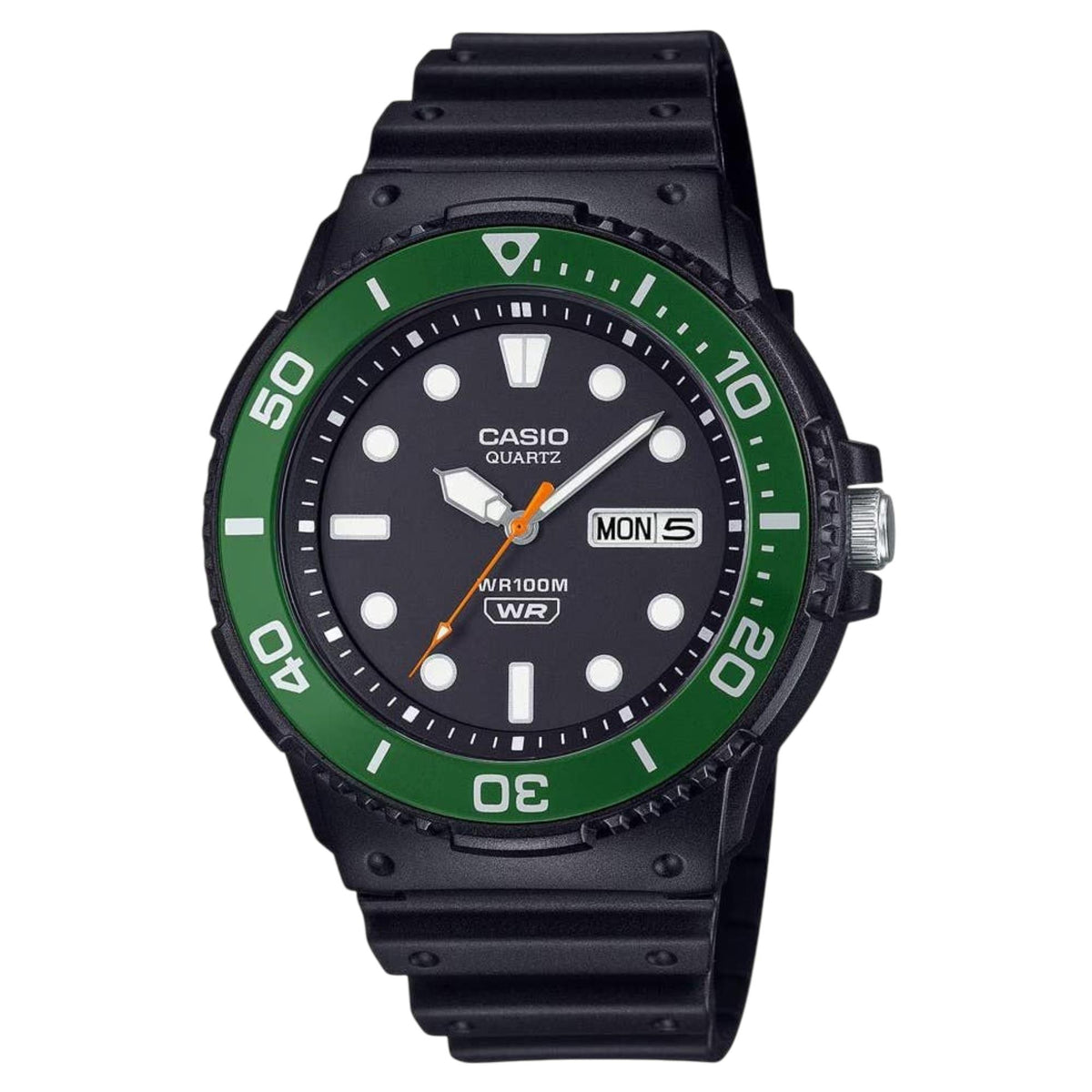 Front view of the Casio Vintage Diver MRW-230H-1E3VEF mens watch featuring a black dial, green rotating bezel, and black resin strap