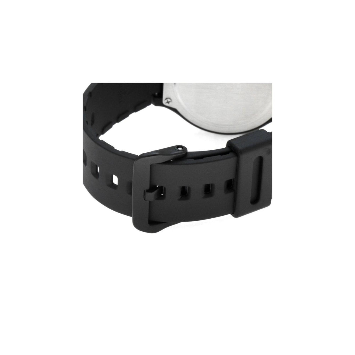 Black resin watch strap with adjustment holes and clasp buckle