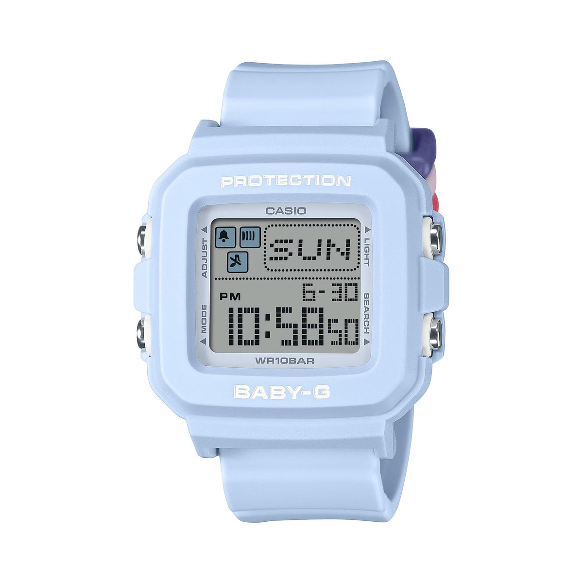 Light blue digital resin watch, centered LCD with 'PROTECTION' bezel