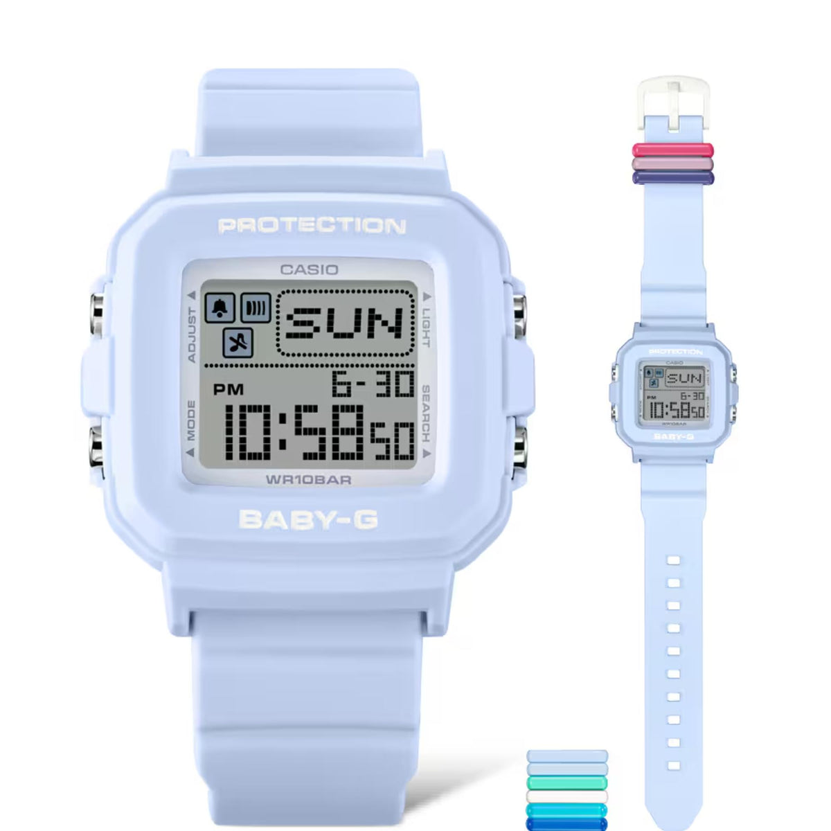 Light blue digital resin watch with 'SUN' LCD, shown front and side