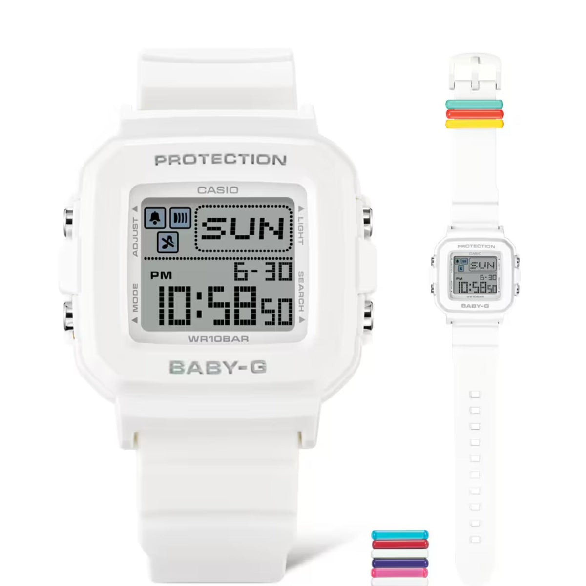 White resin digital watch with LCD display; shows matching white strap with protective case