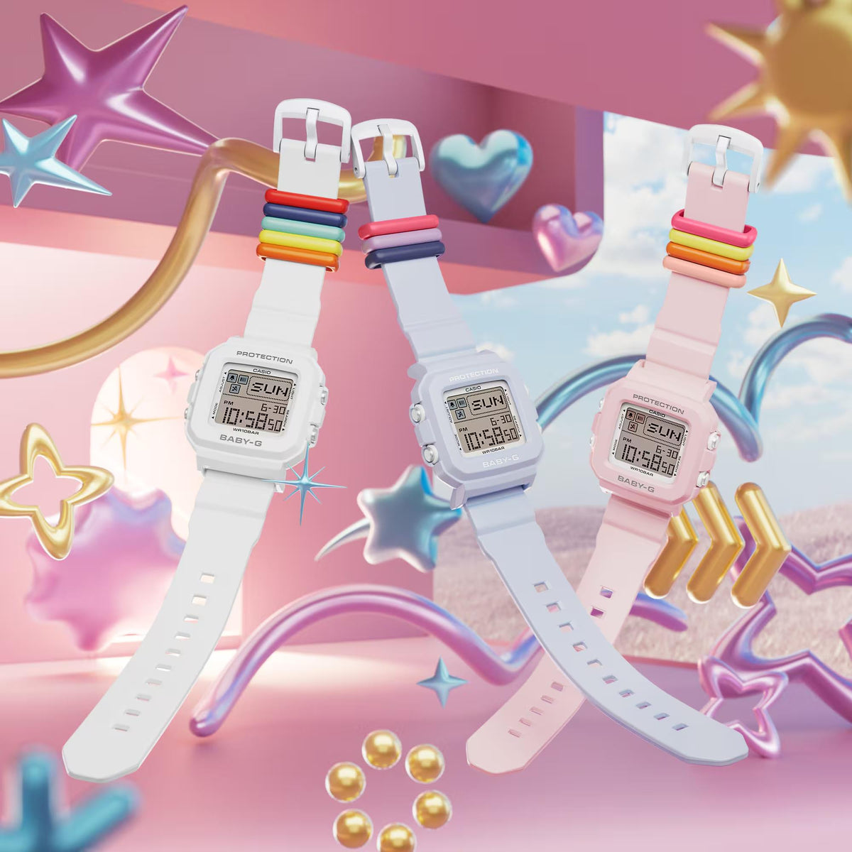 White, blue, and pink resin digital watches with LCD displays and strap accent bands