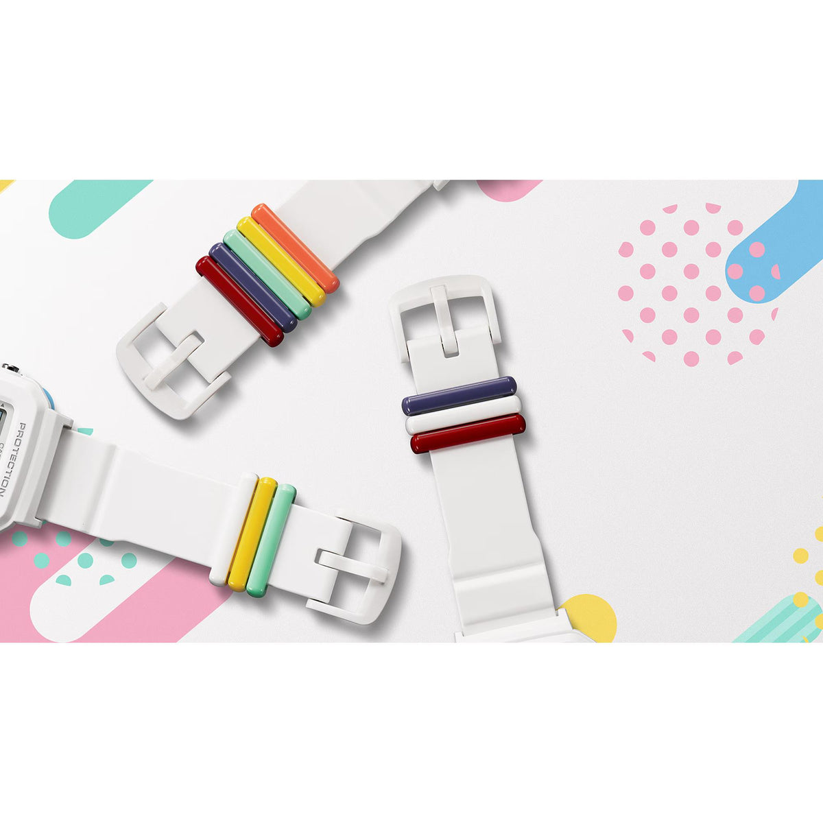 White resin watch with multi-color strap accents on clips and buckle hardware