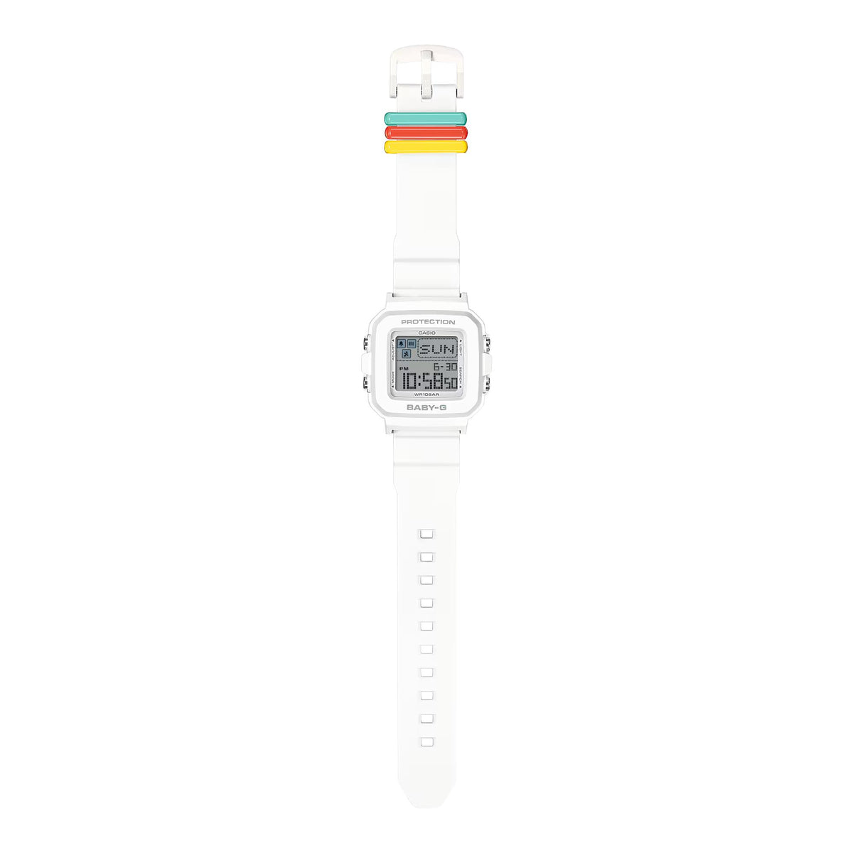 White resin digital watch with LCD display; upright view of strap and buckle