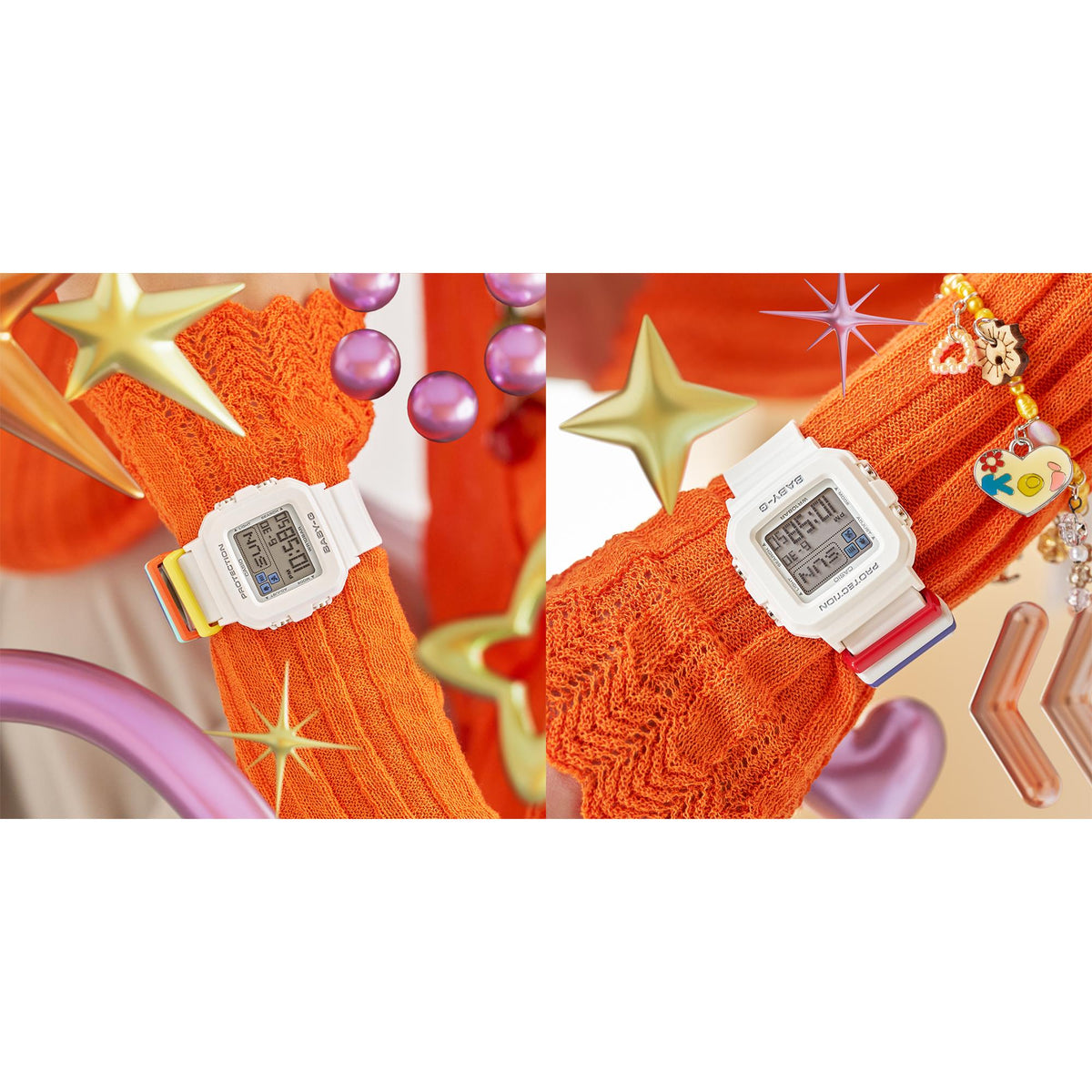 Orange fabric scene with two digital watches on orange straps, white casings with LCDs