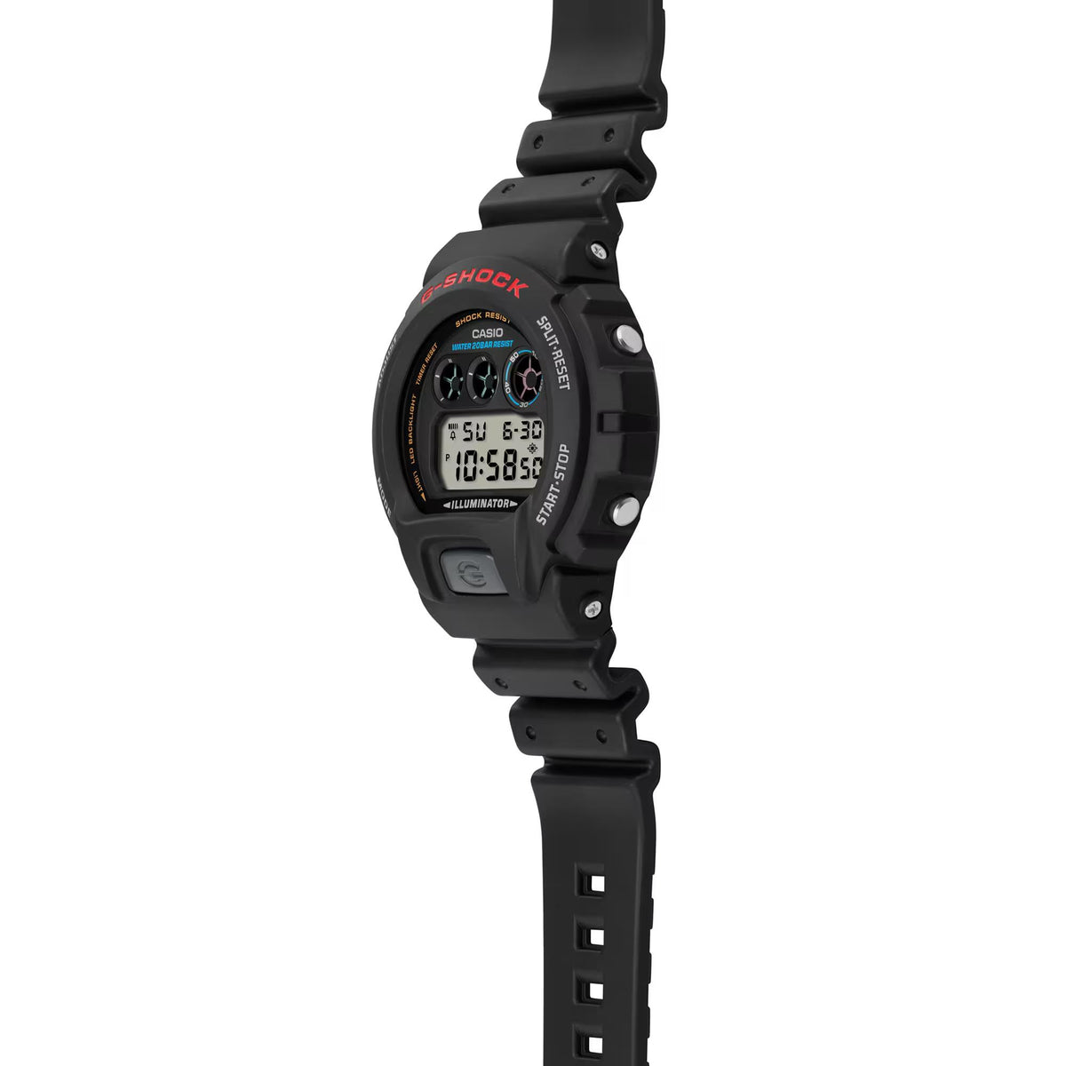Black resin G-Shock digital watch shown in side view with textured bezel and strap
