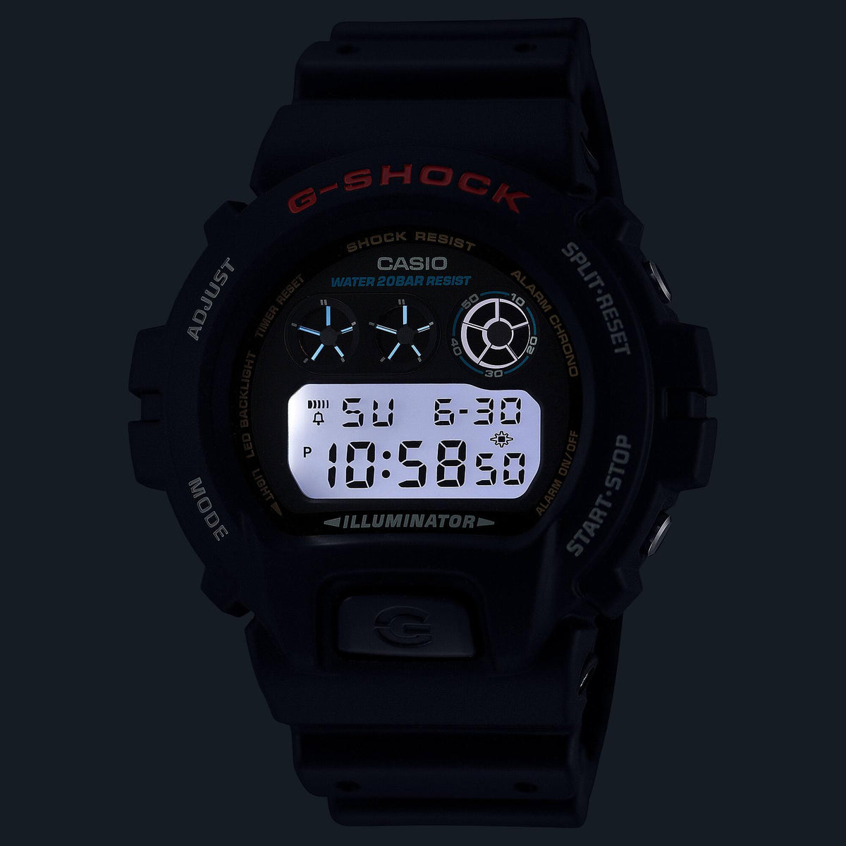 Men's black resin digital G-Shock watch with glowing LCD time display