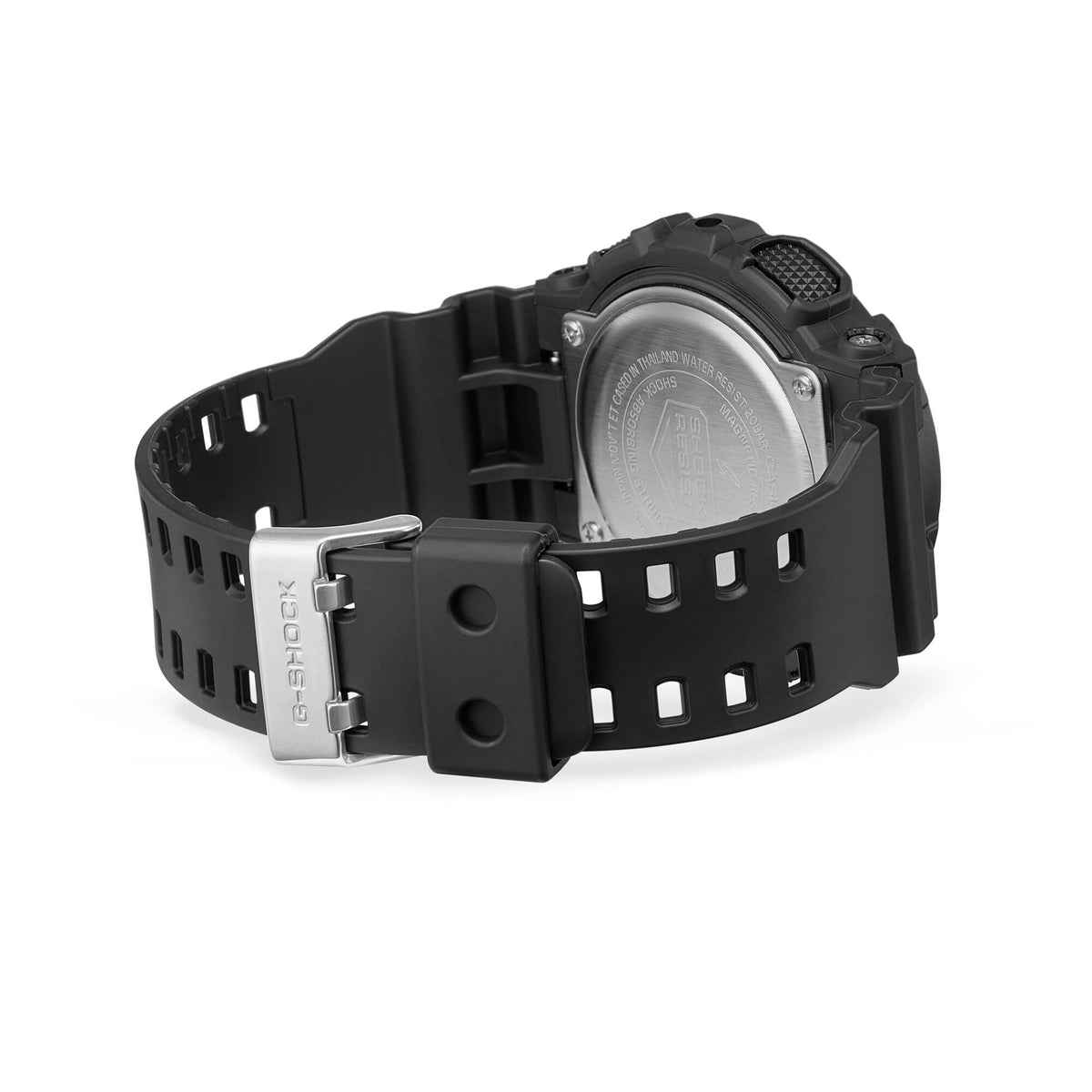 Black G-Shock watch band with perforated resin strap and metal buckle clasp.