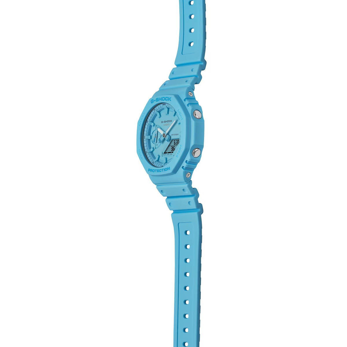 Blue Casio G-Shock digital watch viewed from side, showing resin strap holes and case