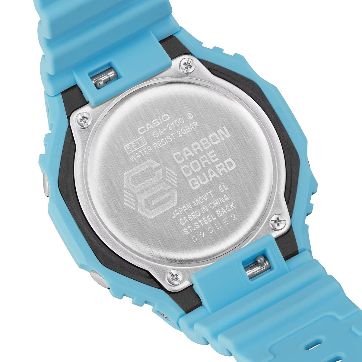 Casio G-Shock watch case back with brushed metal cover and blue resin strap