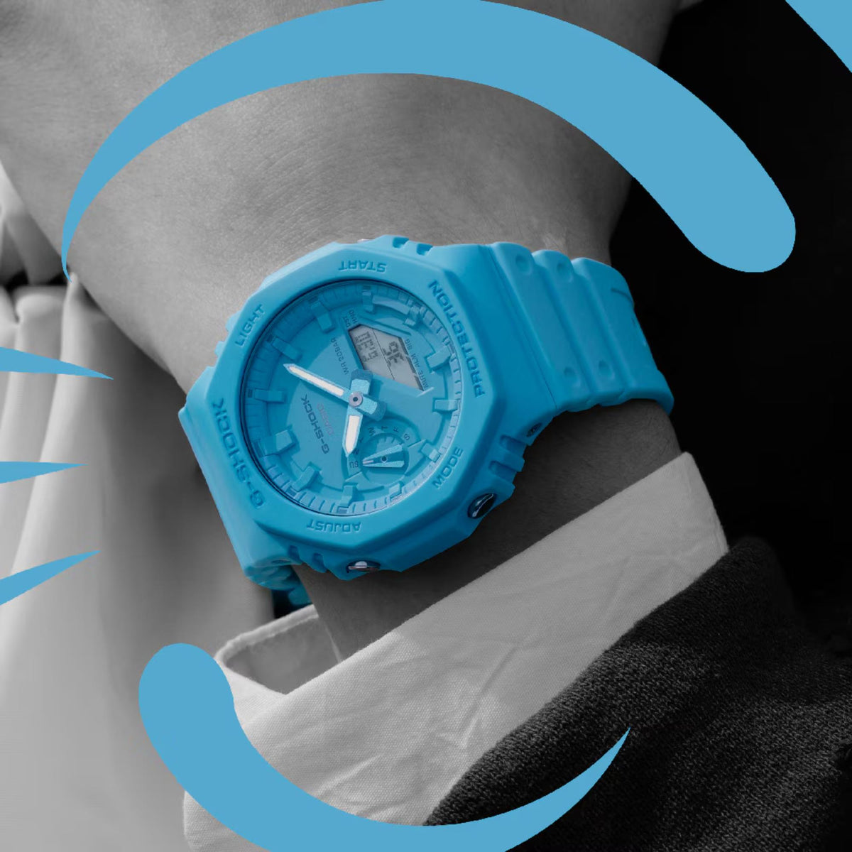Blue resin G-Shock digital watch on wrist, square dial with digital readout
