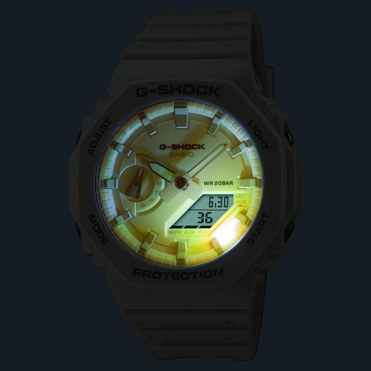Men's Casio G-Shock digital watch with dark resin, green-yellow dial and display