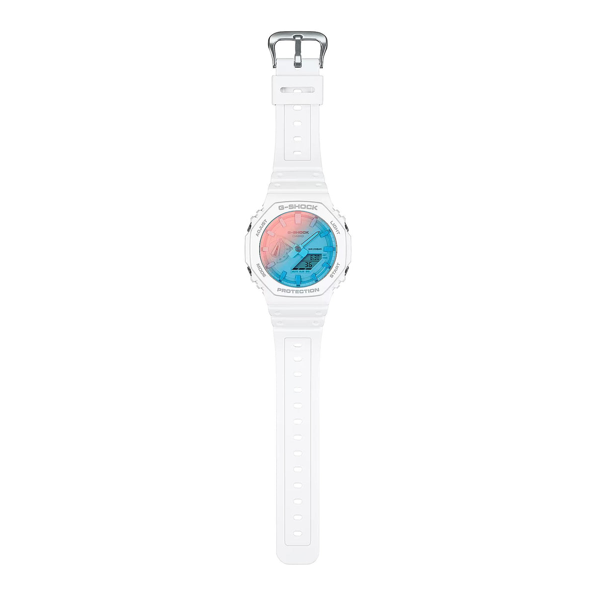 Men's Casio G-Shock digital watch, white resin strap and clasp, orange-blue face