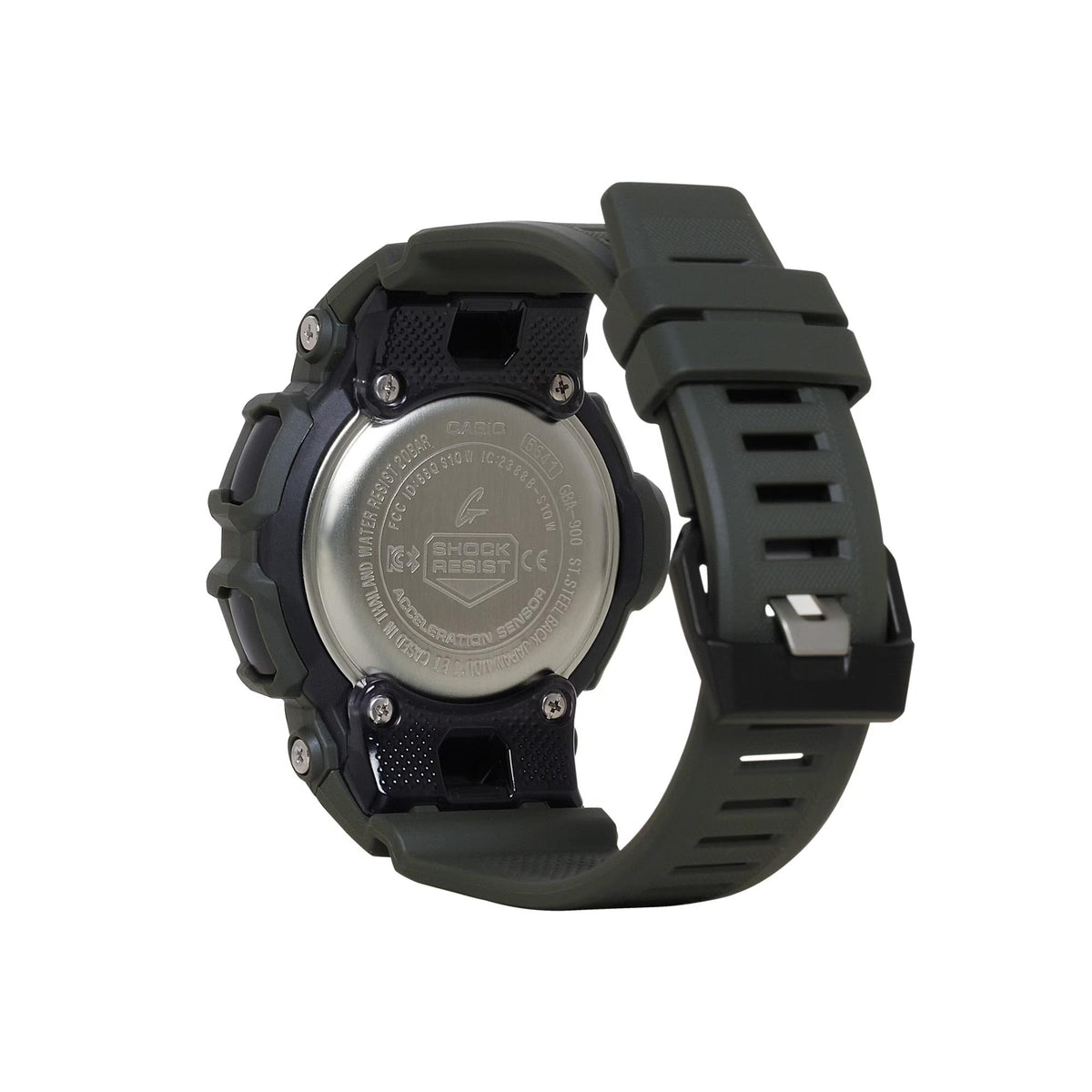 Stainless steel back case and green resin strap of the Casio G-Shock G-Squad GBA-900UU-3AER fitness watch