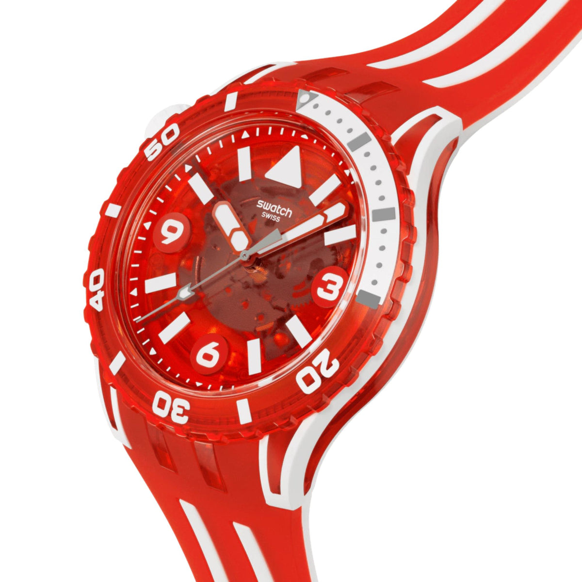 Red dive watch angled close-up with red dial, white markers, and silicone strap.