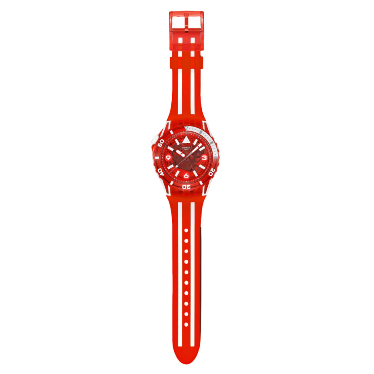 Red dive watch displayed upright with silicone strap and red dial.