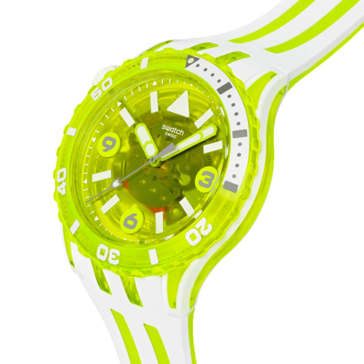 Swatch watch angled view, translucent green dial with white silicone strap and neon green markers