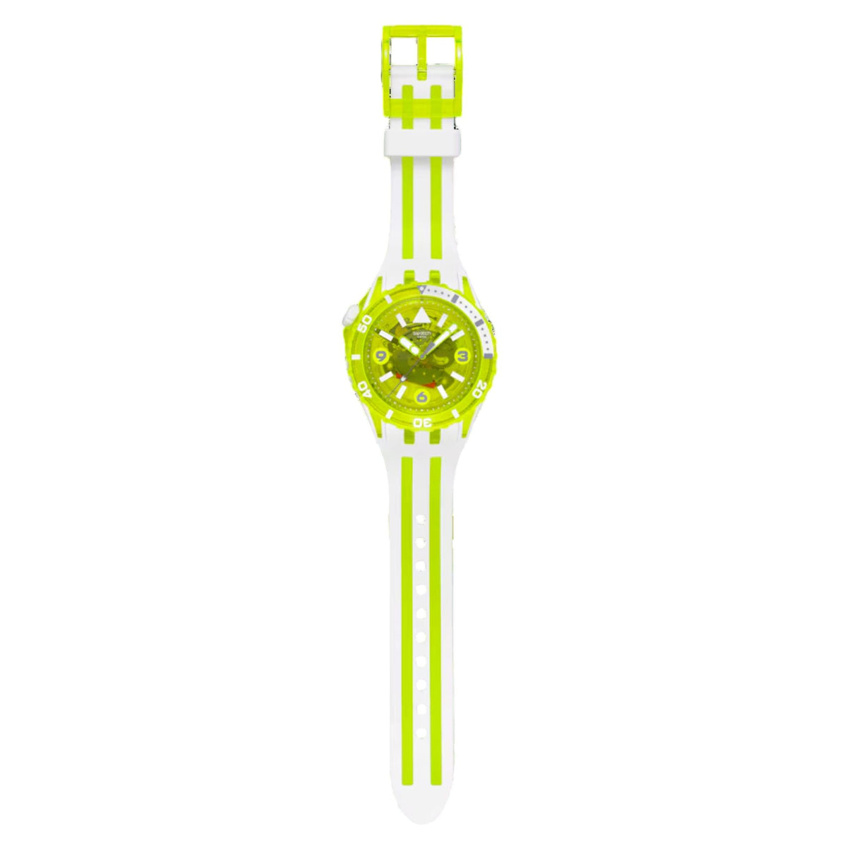 Swatch watch with bioceramic bezel and white silicone band, neon green end pieces