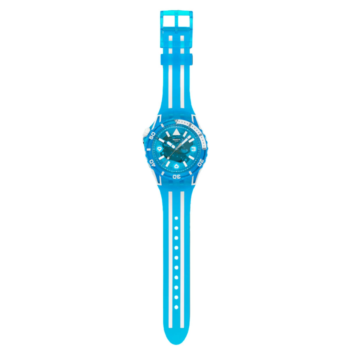 Blue silicone strap watch standing, round blue dial with white bezel markers and hands