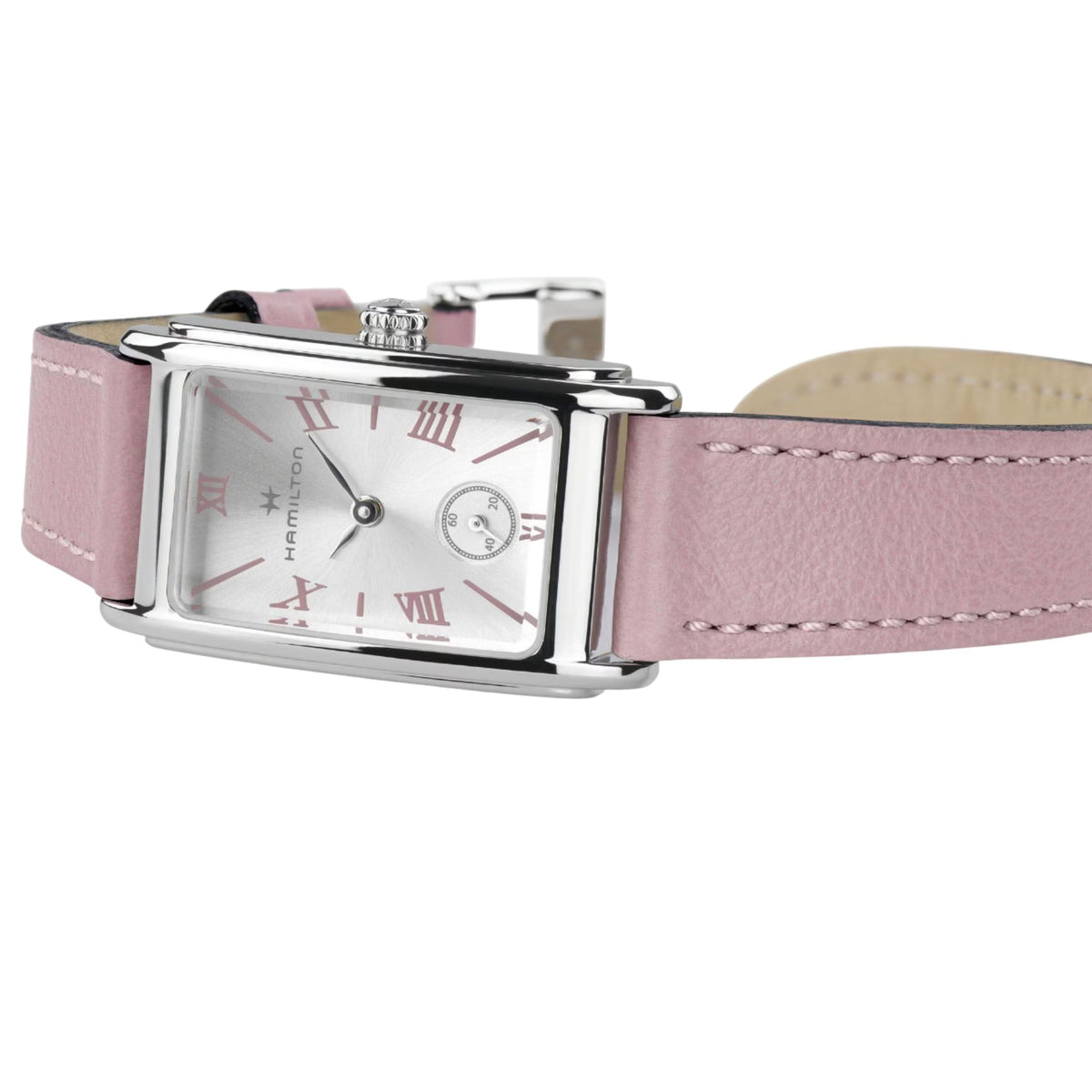 Ladies quartz watch on pink leather band, rectangular silver case, white dial with Roman marks