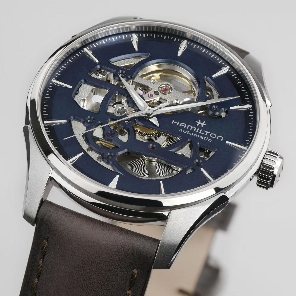 Hamilton Jazzmaster H42535541 blue skeletonised dial revealing movement close-up