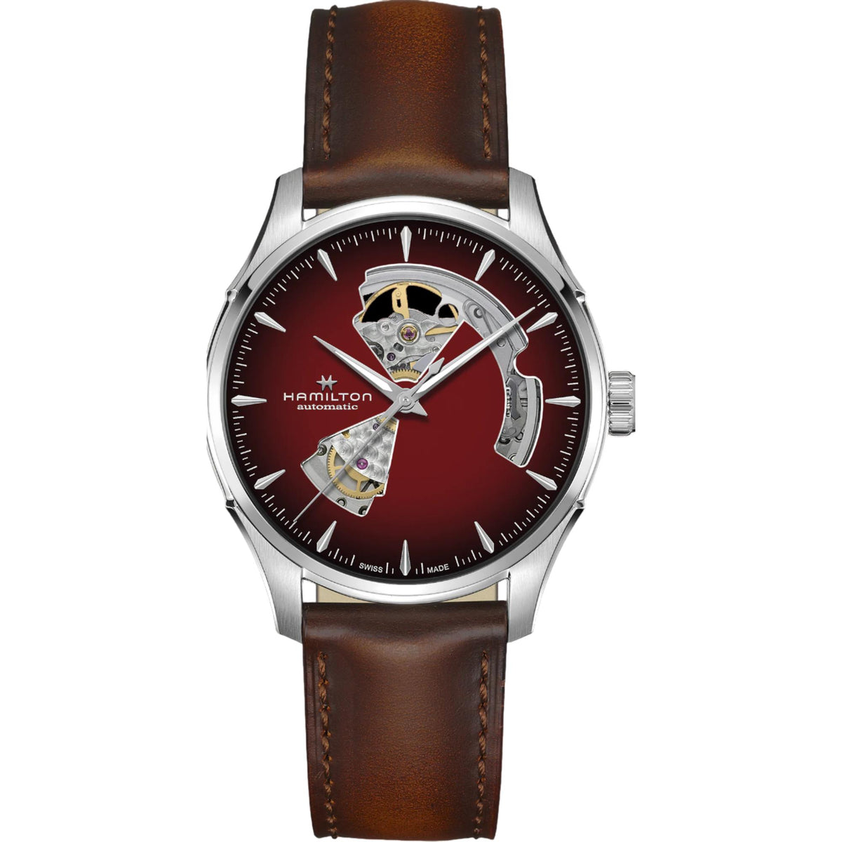 Hamilton Jazzmaster 40mm Open Heart burgundy dial brown leather automatic watch H32675570 front view