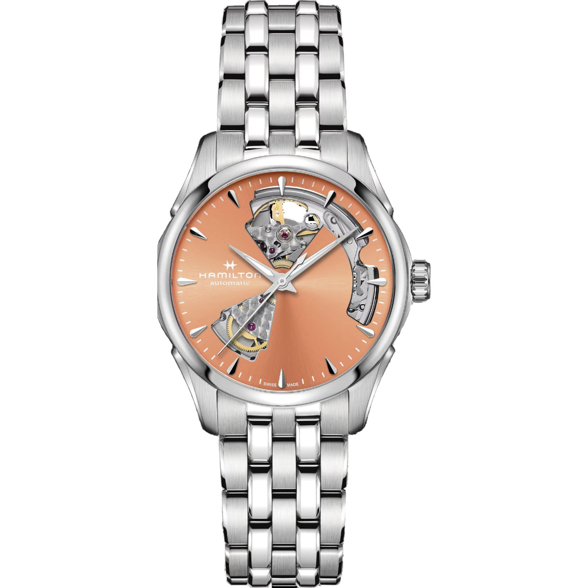 Ladies automatic watch with apricot open-heart dial and stainless steel bracelet