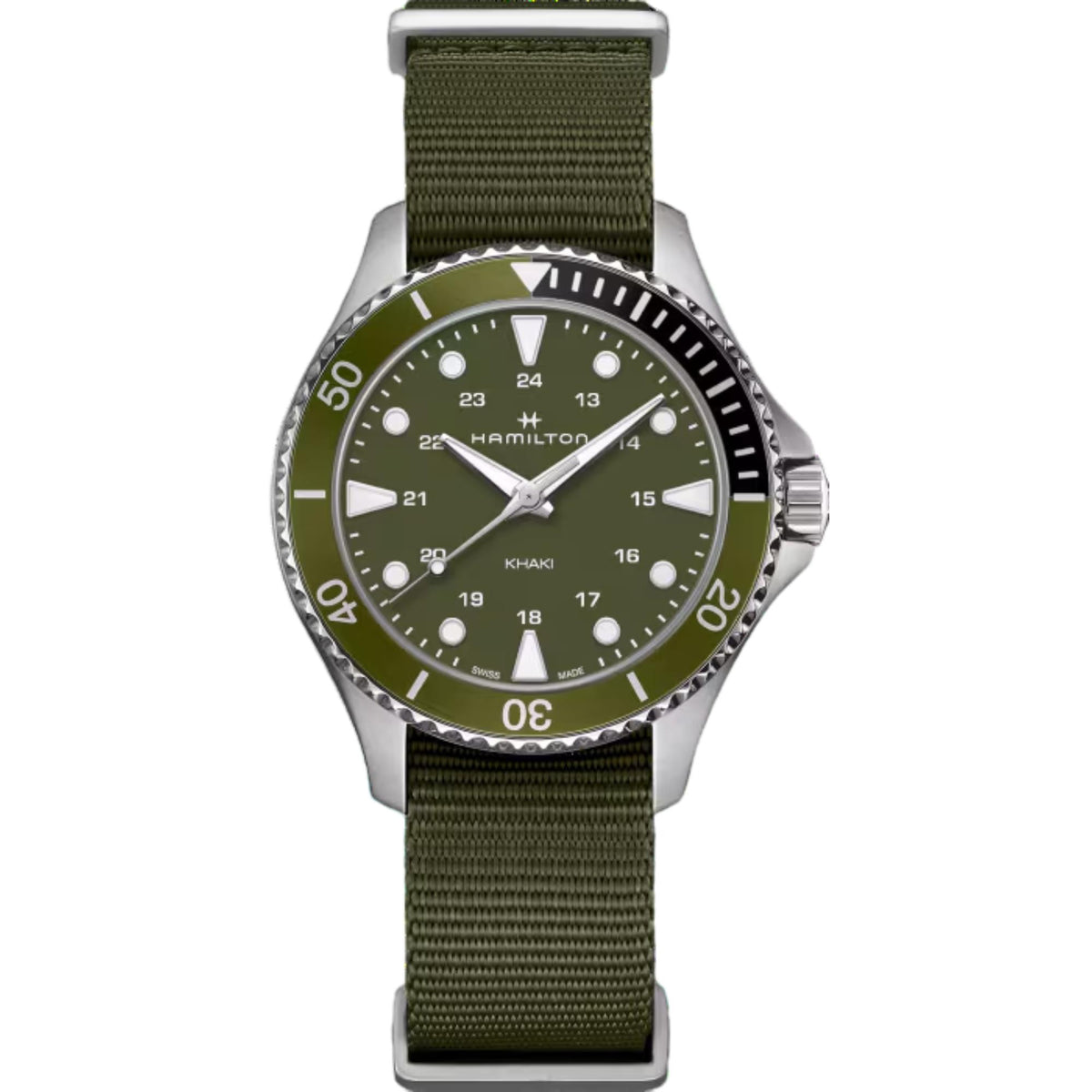 Hamilton stainless steel watch with green dial and olive NATO strap, minute-mark bezel.