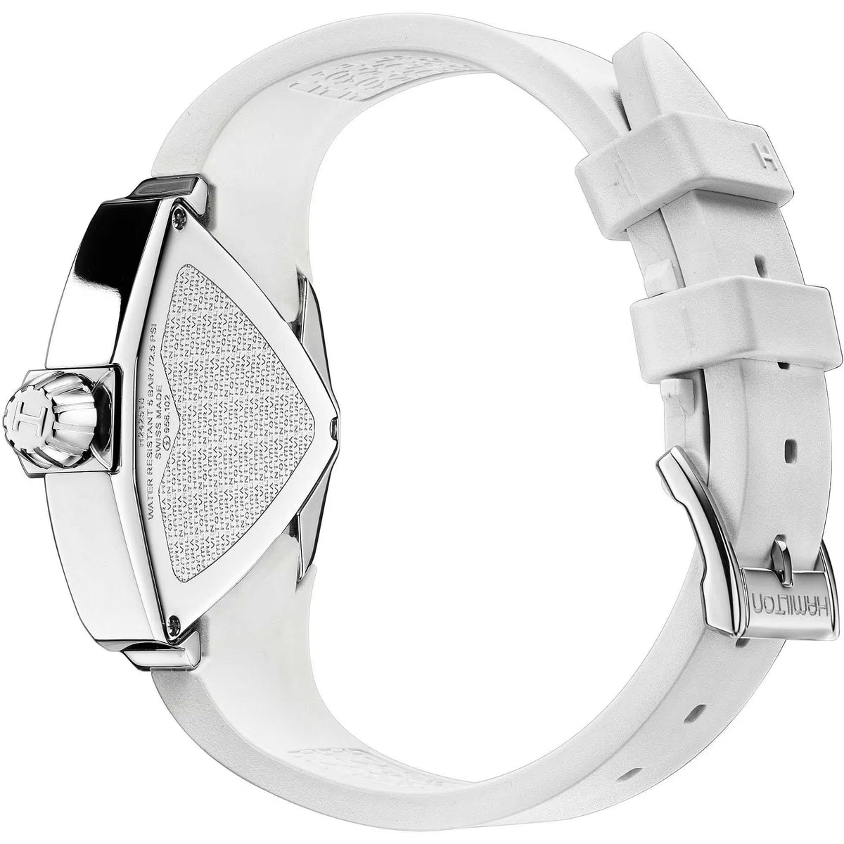 Quartz wristwatch side view with silver case and white rubber strap with buckle