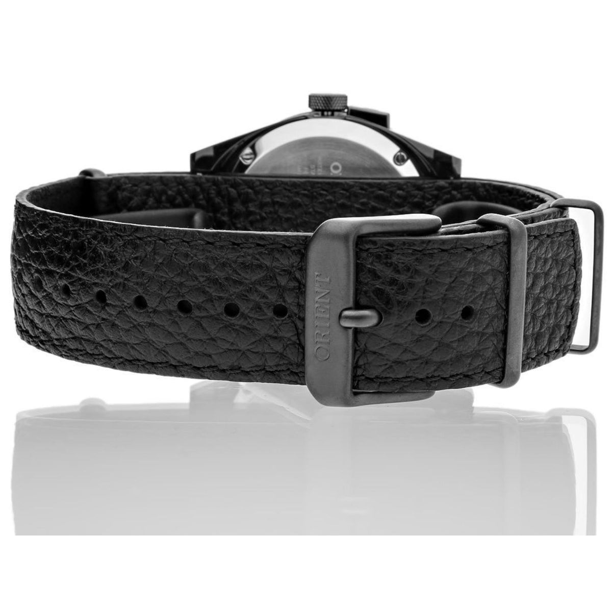 Men's automatic watch with black leather strap and rectangular metal buckle