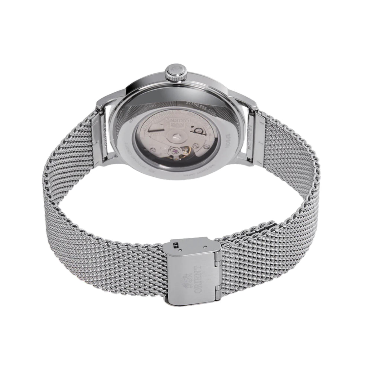 Steel mesh bracelet wristwatch with visible caseback and crown on the side