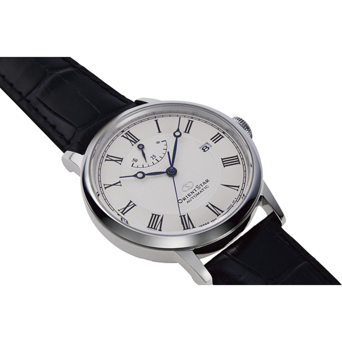 Men's automatic watch with white dial, subdial, Roman numerals, black leather strap