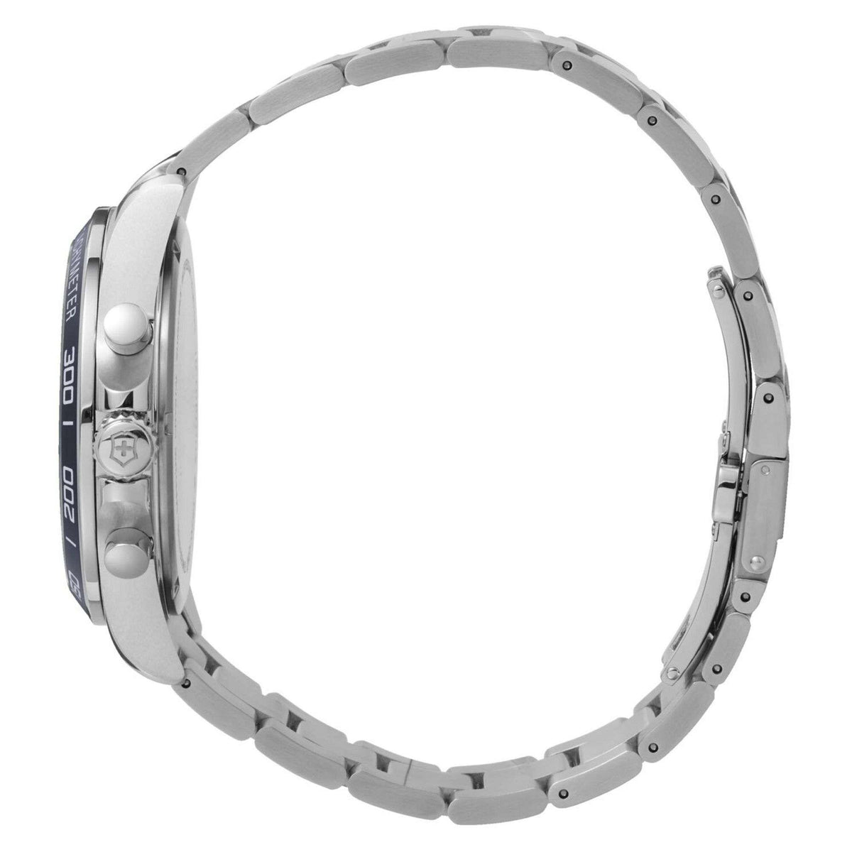 Steel watch case and bracelet, side profile with crown and pushers
