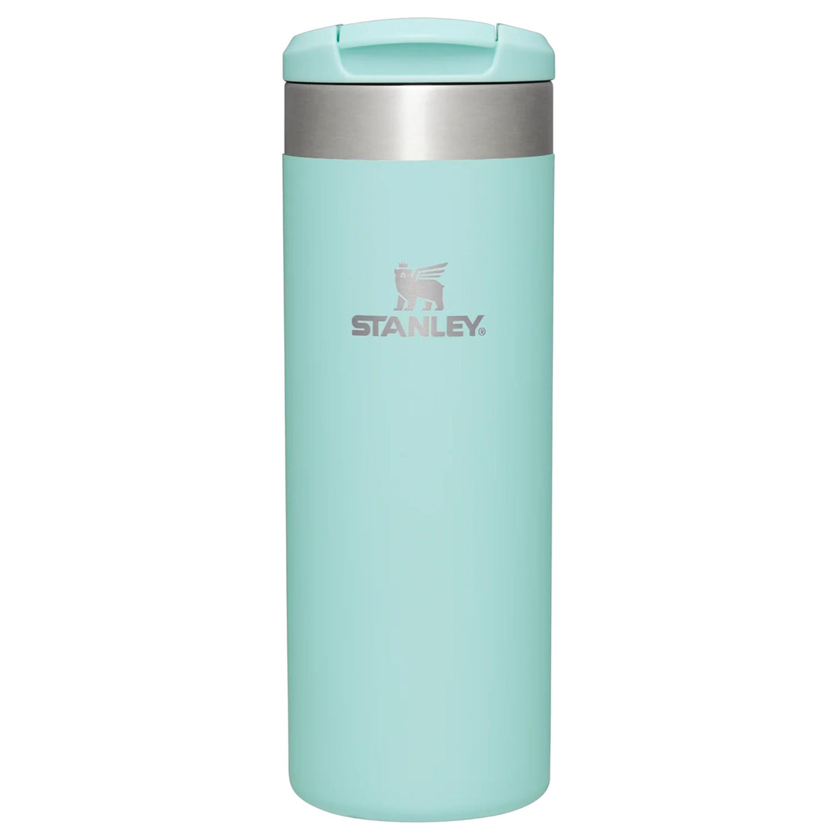 Stanley insulated travel mug in light aqua blue with stainless lid band and flip top