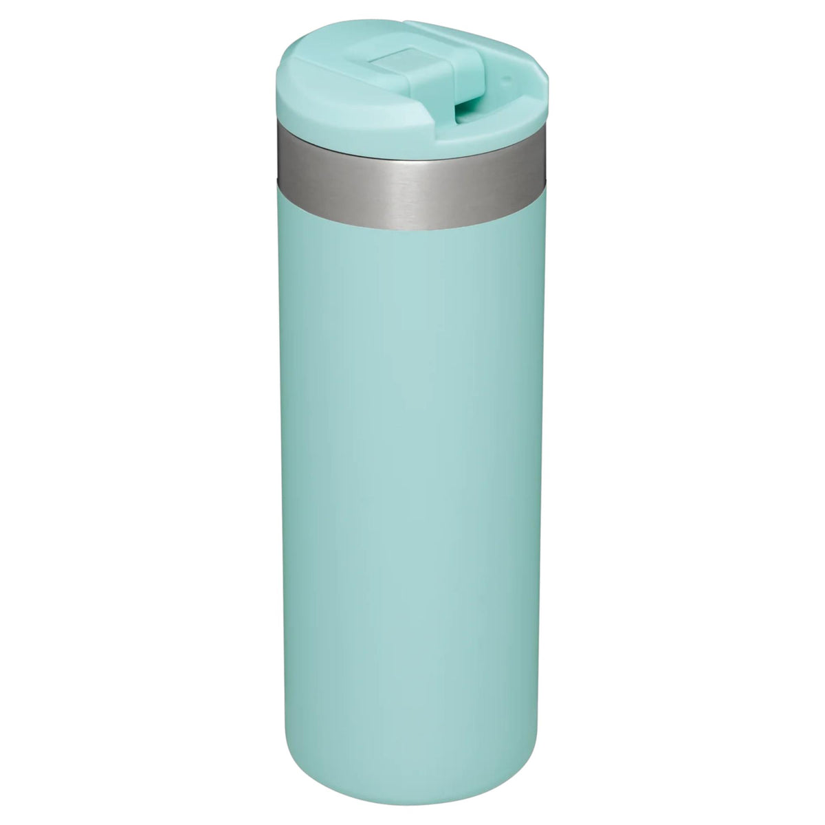 Stanley insulated travel mug with light aqua blue body and closed flip-top lid