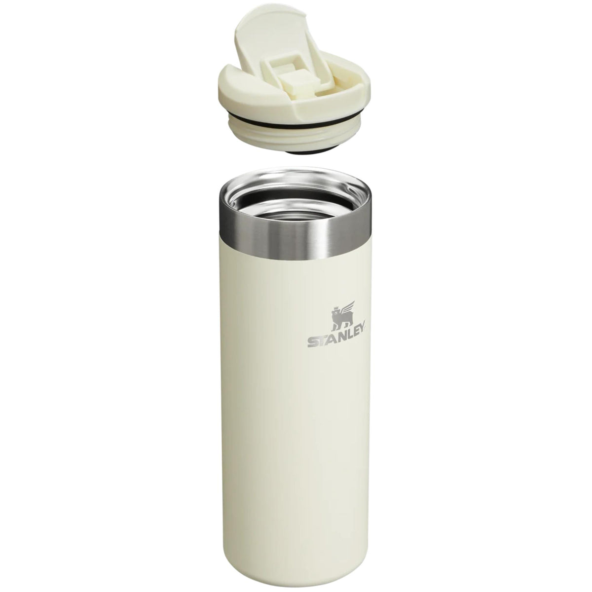 Cream travel mug with open Stanley Aerolight lid, showing inner stainless opening