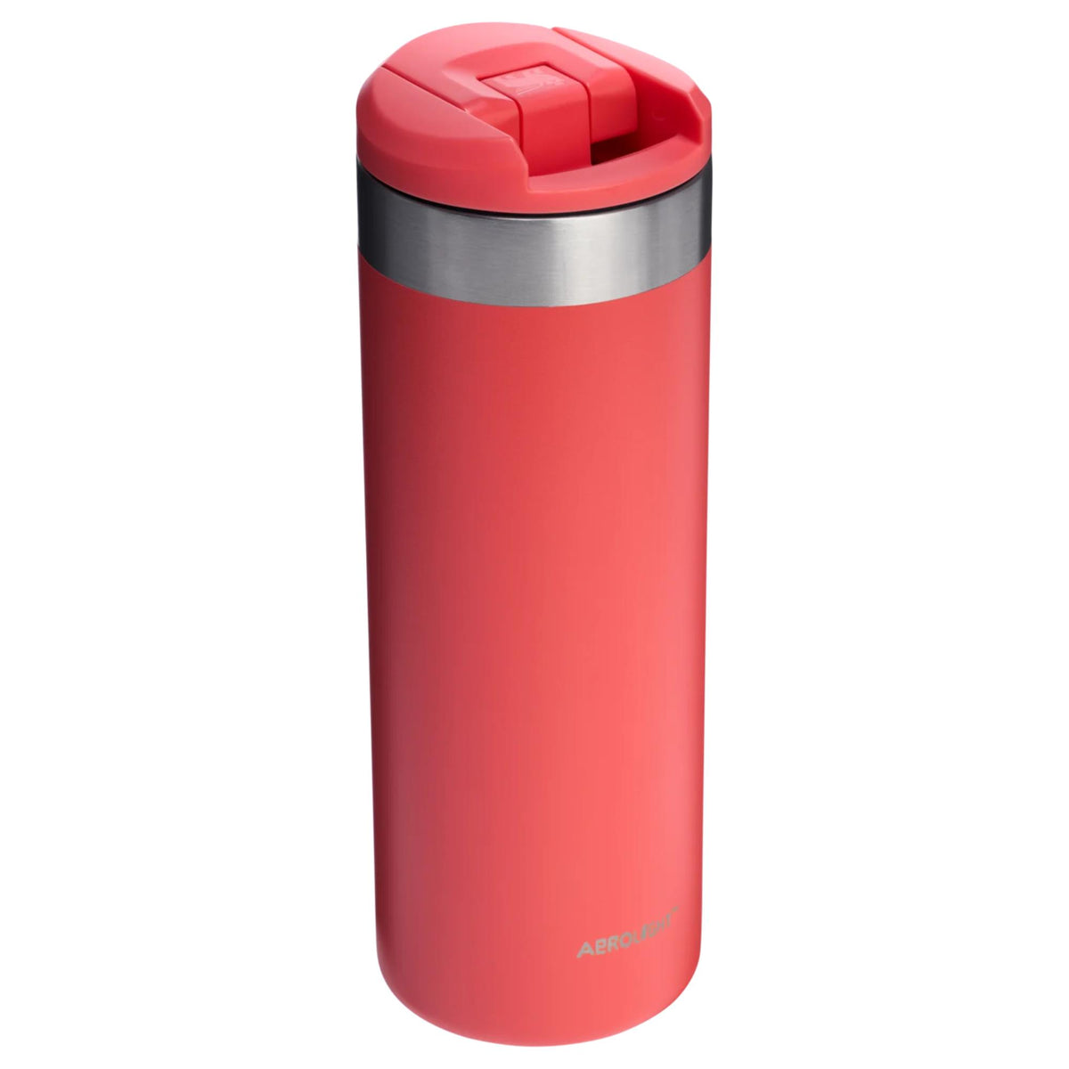 Stanley Aerolight Transit travel mug in hot coral with red press-to-open lid
